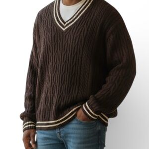 Classic V-Neck Cable Knit Sweater in Brown